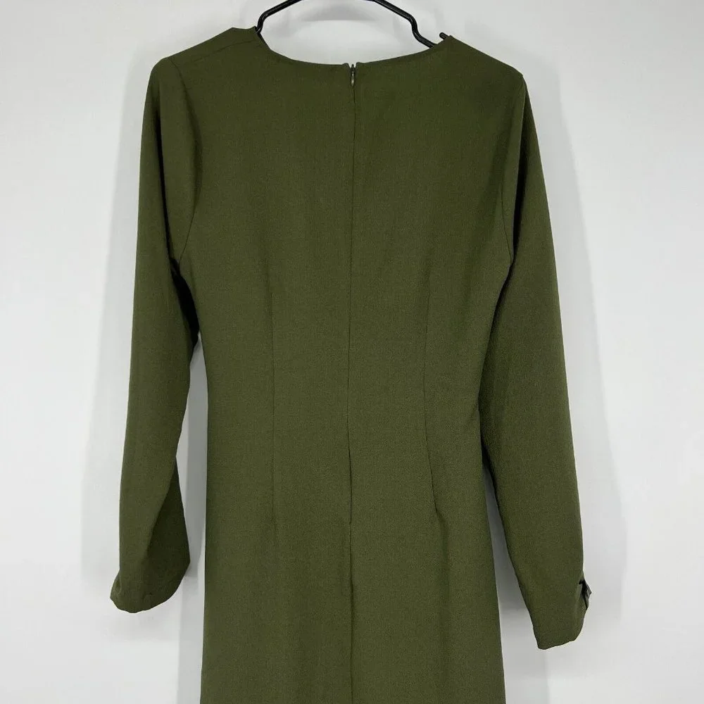 Zara Dress Green Button Front Crepe Long Sleeve Draped Midi - Picture 9 of 11